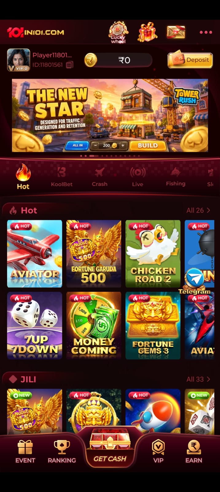 IN101 game app interface with online games